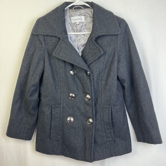 Calvin Klein Wool Blend Jacket Pea Coat Double Breasted Women 8 Black Warm - Picture 3 of 16